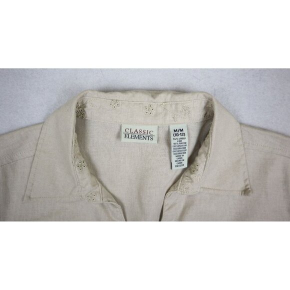 CLASSIC ELEMENTS - WOMEN'S BEIGE LINEN BLEND SHORT SLEEVE BUTTON-UP TOP - SIZE M - Picture 8 of 13